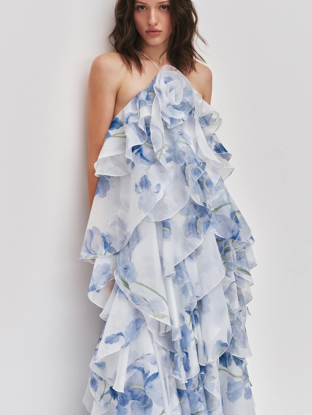 Aje Light Blue Floral One-Shoulder Ruffle Maxi Dress